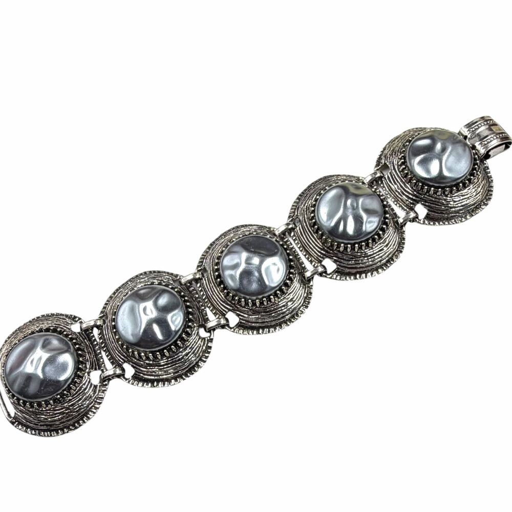 Vintage 70s Gray Pearl Silver Chunky Wide Textured Statement Panel Link Bracelet